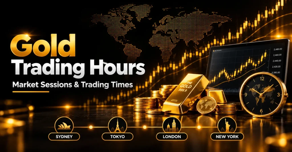 Gold trading hours showing global forex sessions, gold price charts, and market timing.