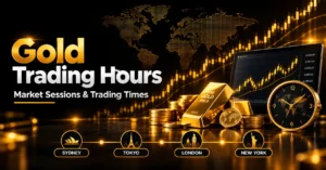 Gold trading hours showing global forex sessions, gold price charts, and market timing.