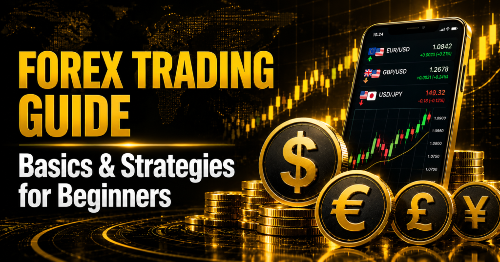 Forex trading guide for beginners featuring currency pairs, a trading chart, and gold currency symbols