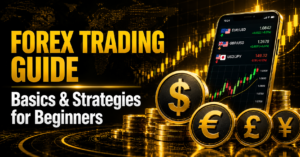 Forex trading guide for beginners featuring currency pairs, a trading chart, and gold currency symbols